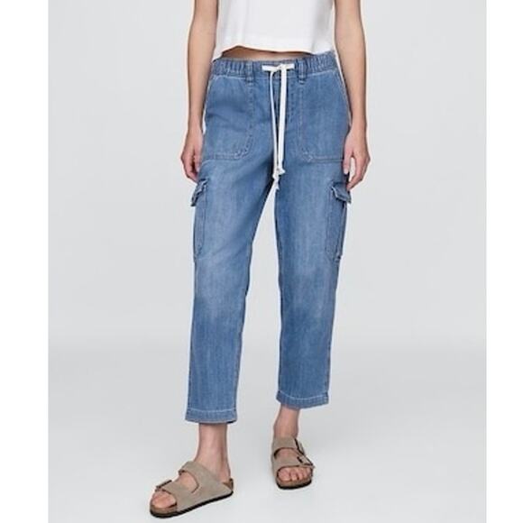 Gap NWT Denim Easy Cargo Joggers Medium Indigo Drawstring Cropped Pants Small - Picture 15 of 15